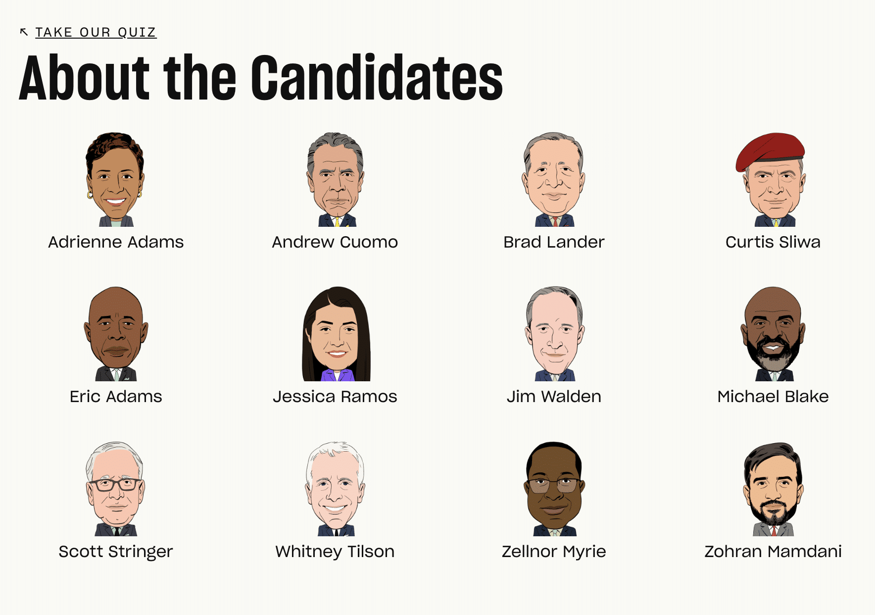 Twelve icons of the mayoral primary candidates in the New York City race. From left to right, first row: Adrienne Adams, Andrew Cuomo, Brad Lander, Curtis Sliwa. Second row: Eric Adams, Jessica Ramos, Jim Walden, Michael Blake. Third row: Scott Stringer, Whitney Tilson, Zellnor Myrie, Zohran Mamdani.
