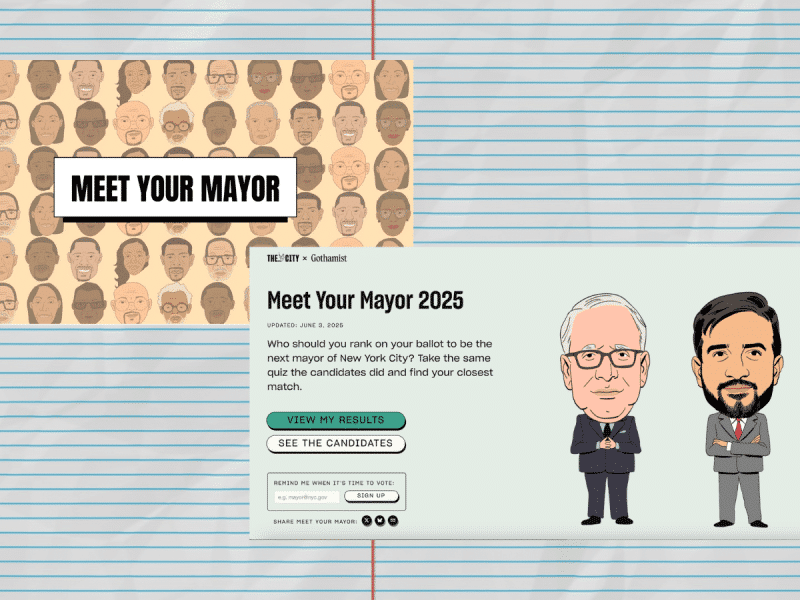 Screenshots of two Meet The Mayor quizzes positioned on a lined paper background. The top left shows icons of the Detroit mayoral candidates with a "Meet the Mayor" label in the middle. The bottom right screenshot, from THE CITY x Gothamist, shows icons of candidates Scott Stringer and Zohran Mamdani along with a short description of the quiz: Who should you rank on your ballot to be the next mayor of New York City? Take the same quiz the candidates did and find your closest match. There is also a button where you can enter your email to be reminded to vote and two buttons, one for taking the quiz and ranking the candidates.