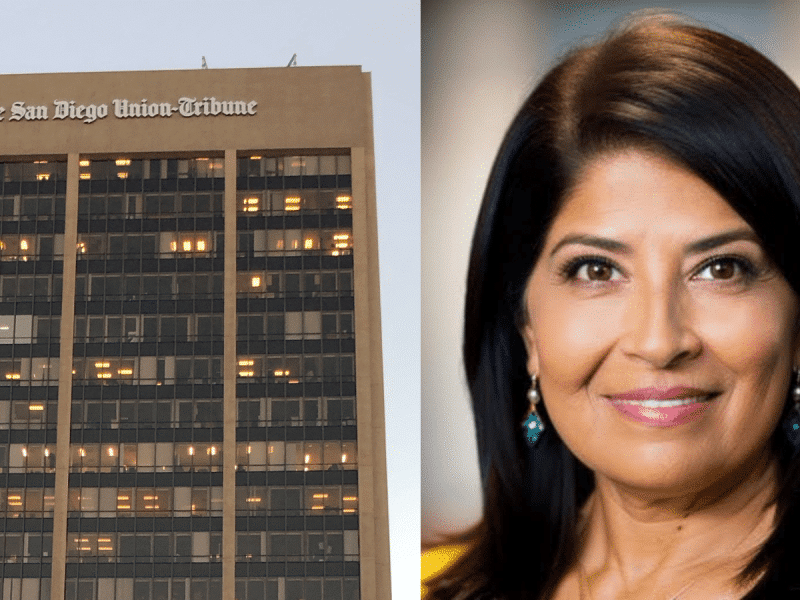 The San Diego Union-Tribune building next to a photo of Laura Castañeda.
