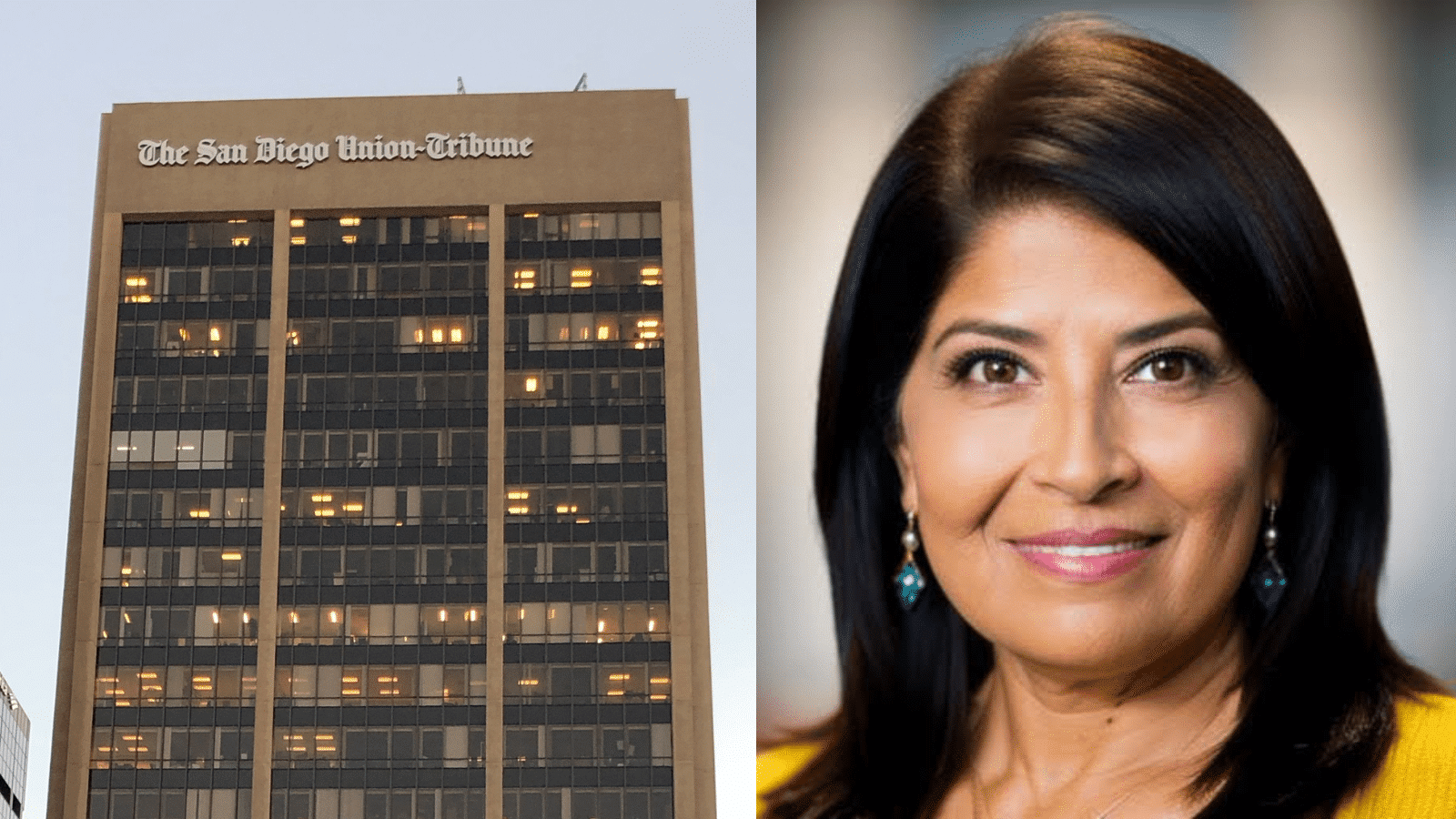 The San Diego Union-Tribune building next to a photo of Laura Castañeda.