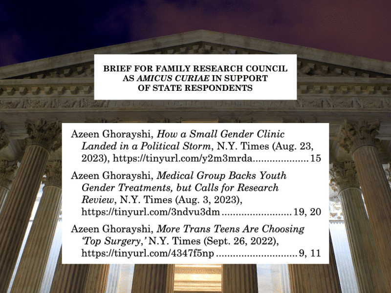 A photo of the Supreme Court building at night backgrounds two screenshots. The top is one of the Family Research Council's amicus brief in support of the state in U.S. v. Skrmetti (supporting Tennessee's ban on youth trans healthcare). The bottom is a screenshot of three New York Times stories cited in the brief, all by reporter Azeen Ghorayshi: How a Small Gender Clinic Landed in a Political Storm, N.Y. Times (Aug. 23, 2023), Medical Group Backs Youth Gender Treatments, but Calls for Research Review, N.Y. Times (Aug. 3, 2023), More Trans Teens Are Choosing ‘Top Surgery,’ N.Y. Times (Sept. 26, 2022). Page numbers to the citations and links to the stories are also pictured.