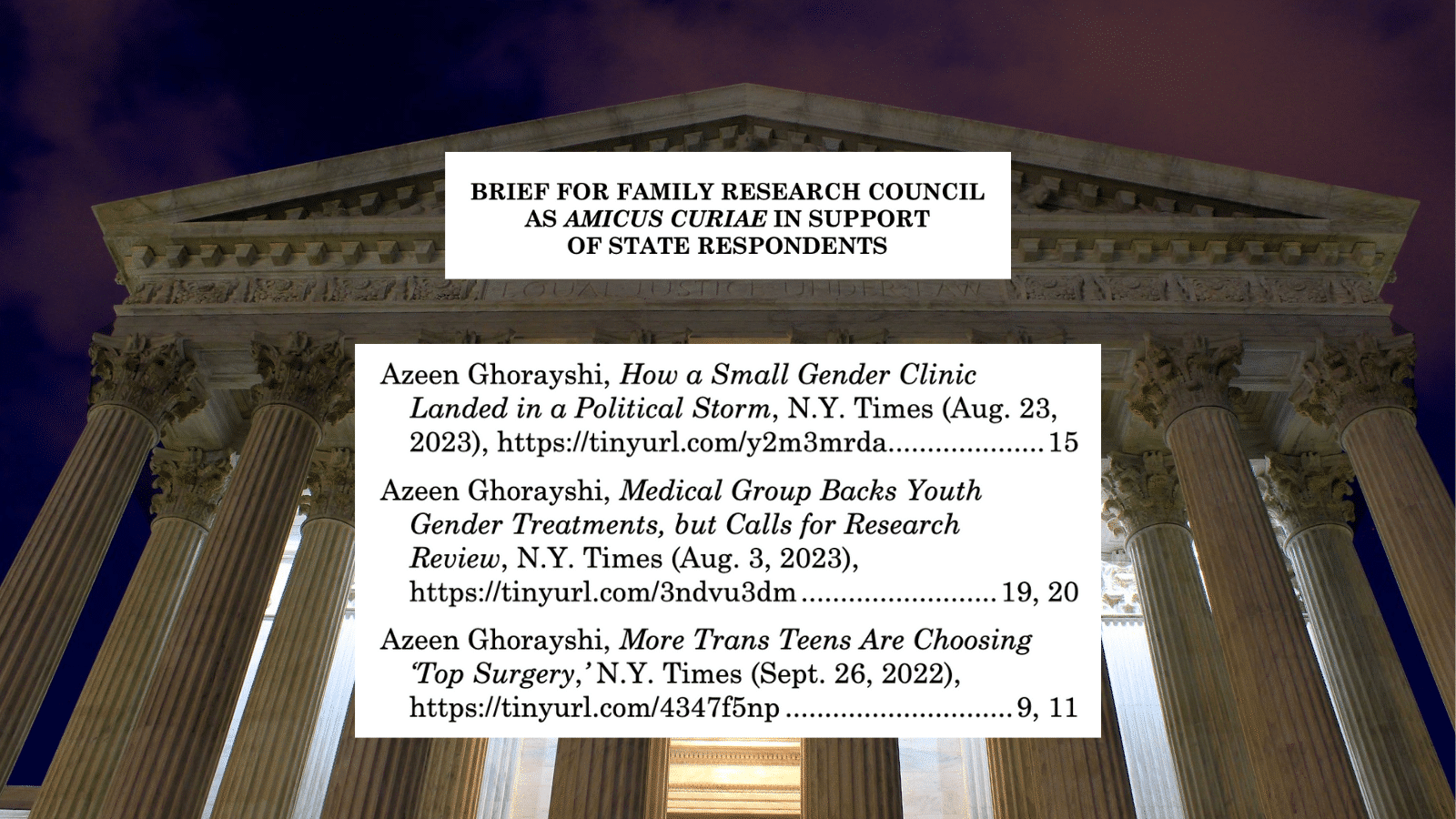 A photo of the Supreme Court building at night backgrounds two screenshots. The top is one of the Family Research Council's amicus brief in support of the state in U.S. v. Skrmetti (supporting Tennessee's ban on youth trans healthcare). The bottom is a screenshot of three New York Times stories cited in the brief, all by reporter Azeen Ghorayshi: How a Small Gender Clinic
Landed in a Political Storm, N.Y. Times (Aug. 23,
2023),
Medical Group Backs Youth
Gender Treatments, but Calls for Research
Review, N.Y. Times (Aug. 3, 2023), More Trans Teens Are Choosing
‘Top Surgery,’ N.Y. Times (Sept. 26, 2022). Page numbers to the citations and links to the stories are also pictured.