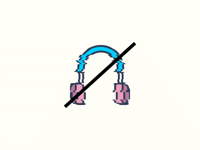 A glitchy image of a pair of headphones rendered in the trans flag colors, with a bar running through to simulate the headphones off signal.
