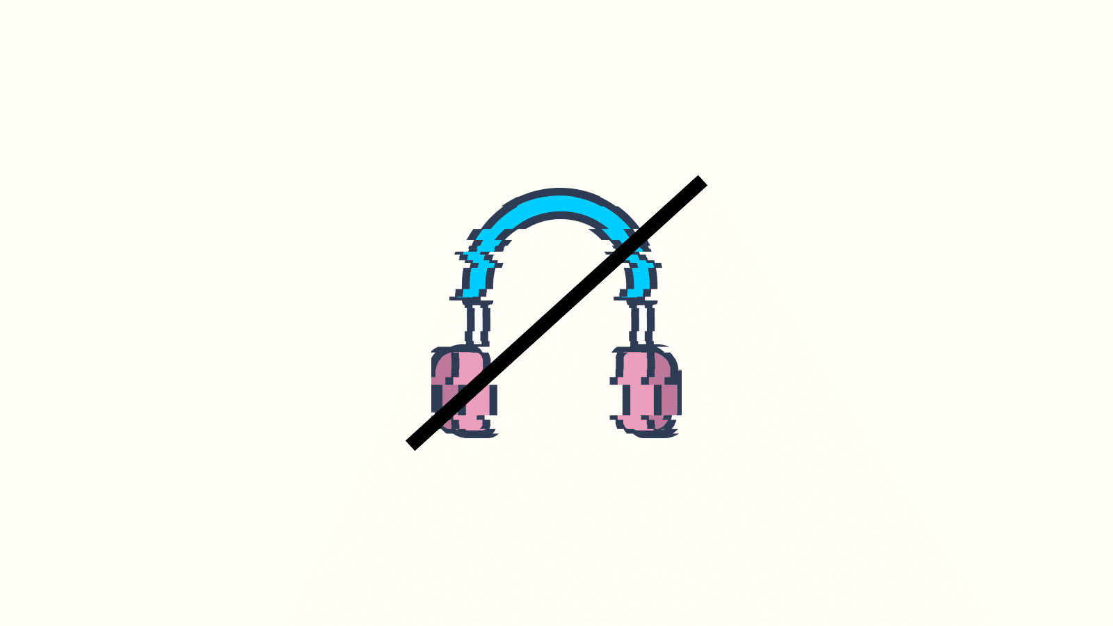A glitchy image of a pair of headphones rendered in the trans flag colors, with a bar running through to simulate the headphones off signal. 