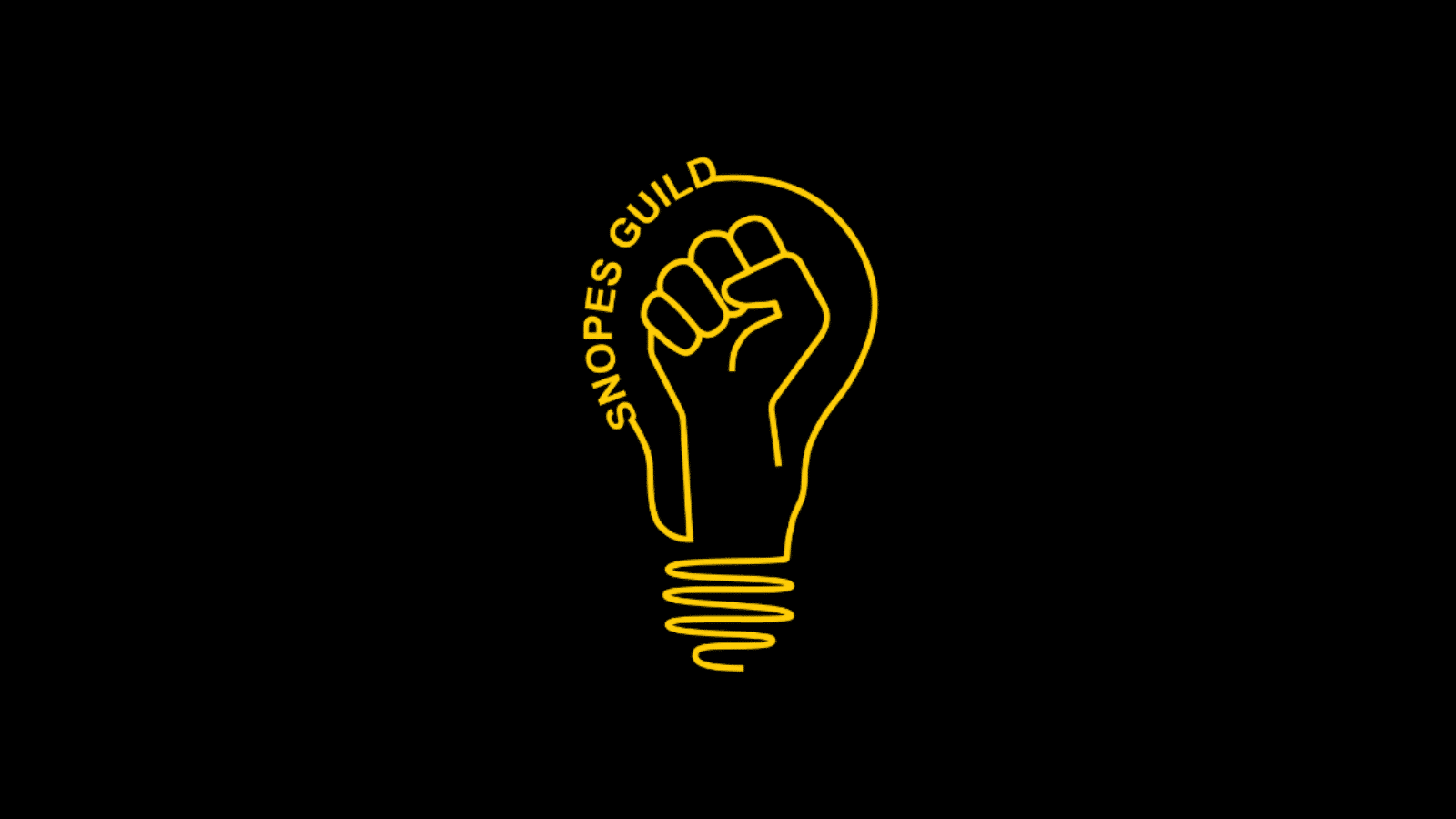 The Snopes Guild logo — a yellow outline of a lightbulb with Snopes Guild written into the filament that surrounds a raised fist — on a black background.