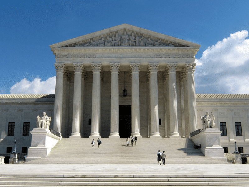 The front facade of the U.S. Supreme Court building.