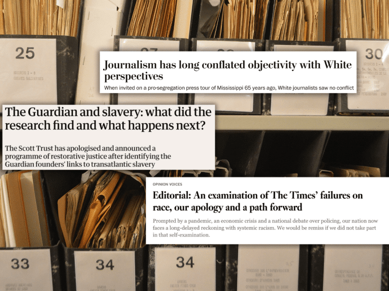 A set of three different headlines on a photo background of folders in archives. The headlines, from top to bottom: