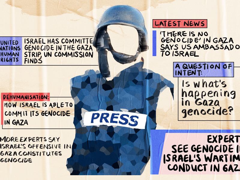 An illustration of Palestinian journalist garb — a navy blue vest labeled PRESS and a navy blue helmet — is surrounded by six news headlines on a background of waterlogged paper. Clockwise from top left, the headlines read: United Nations Human Rights | Israel has committed genocide in the Gaza Strip, UN commission finds Latest News | 'There is no genocide' in Gaza says U.S. ambassador to Israel A question of intent: Is what's happening in Gaza genocide? Experts see genocide in Israel's wartime conduct in Gaza More experts say Israel's offensive in Gaza constitutes genocide Dehumanisation: How Israel is able to commit its genocide in Gaza