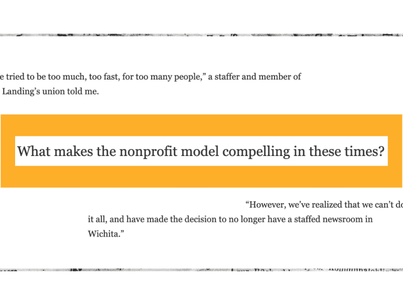 From top: Screenshots taken from 2025 Nieman Lab coverage about the Houston Landing's closure, a 2009 Nieman Lab story about nonprofit news, and 2024 Nieman Lab coverage of the Wichita Beacon's closure. The first reads: "We tried to be too much, too fast, for too many people," a staffer and member of the Landing's union told me. The second, atop an orange rectangle, reads: What makes the nonprofit model compelling in these times? The third reads: "However, we've realized that we couldn't do it all, and have made the decision to no longer have a staffed newsroom in Wichita." The screenshots are bordered by a newspaper-snippet frame.