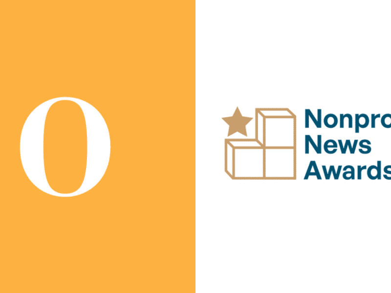 A split photo with The Objective's logo on one side and the Nonprofit News Awards logo on the other.