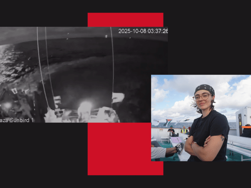 A collage on a black background. From left to right: The view from the Gaza Sunbird 1, a ship that is part of the Freedom Flotilla coalition, being intercepted by Israeli military on Oct. 8. A rectangle with the red from the Palestinian flag. A headshot of journalist Emily Wilder, a light-skinned person with a bandana, glasses, and shoulder-length brown hair aboard The Conscience.