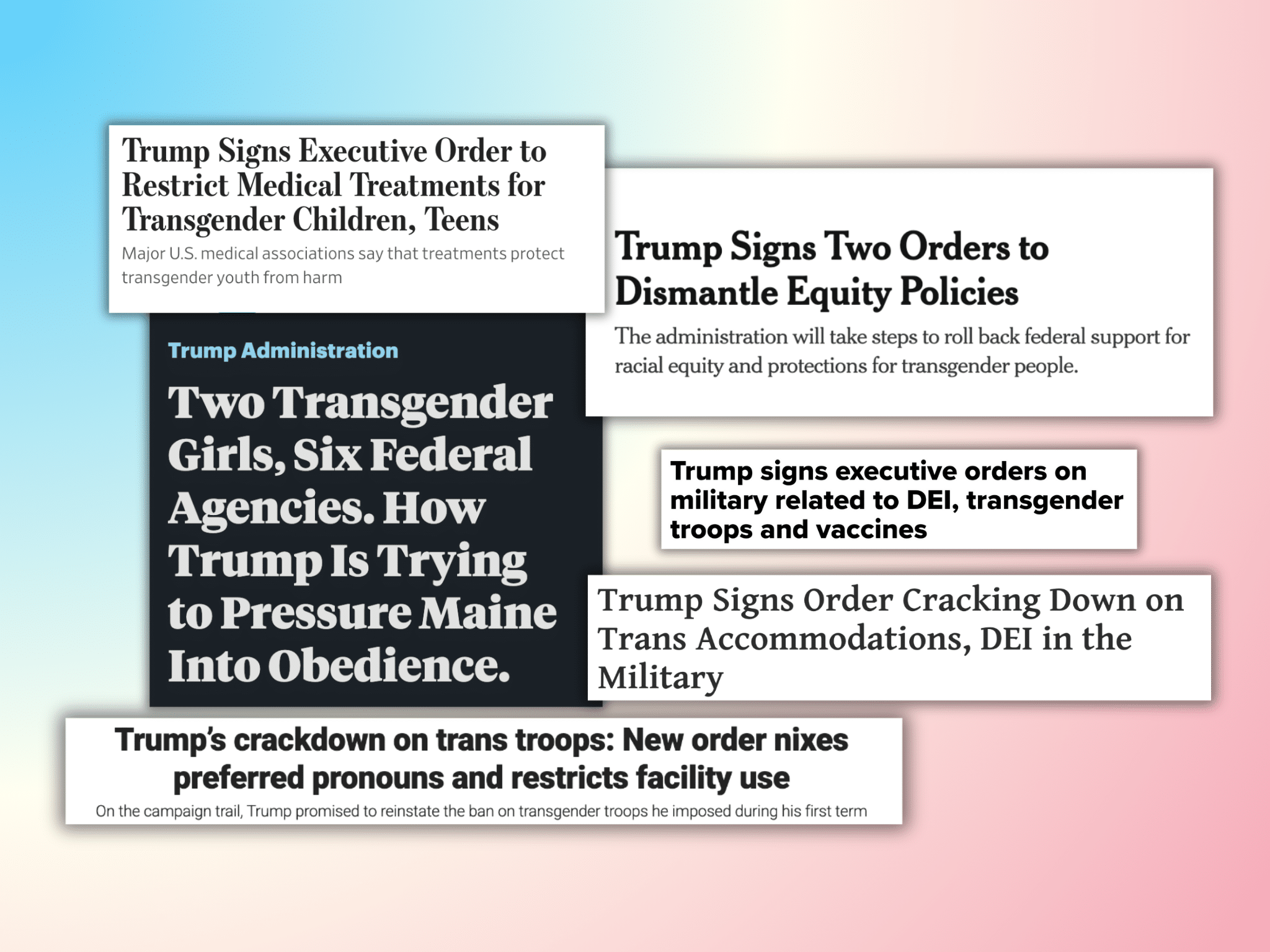 Six screenshots of headlines on a trans flag gradient. From top to bottom: 
Trump Signs Executive Order to Restrict Medical Treatments for Transgender Children, Teens (dek: Major U.S. medical associations say that treatments protect transgender youth from harm)
Trump Administration: Two Transgender Girls, Six Federal Agencies. How Trump Is Trying to Pressure Maine Into Obedience. 
Trump's crackdown on trans troops: New order nixes preferred pronouns and restricts facility use (dek: On the campaign trail, Trump promised to reinstate the ban on transgender troops he imposed during his first term)
Trump SIgns Two Orders to DIsmantle Equity Policies (dek: The administration will take steps to roll back support for racial equity and protections for transgender people.)
Trump signs executive orders on military related to DEI, transgender troops and vaccines
Trump Signs Order Cracking Down on Trans Accommodations, DEI in the Military