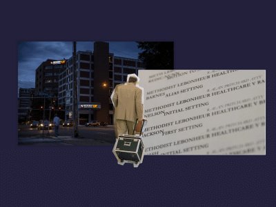 A collage of photos on a navy blue background. From left to right: The Methodist Le Bonheur hospital in Memphis at night. A cut-out of attorney R. Alan Pritchard, a balding white man, facing away from the camera and walking away with a rolling case of files. A photo of the docket of cases focused on Methodist Le Bonheur Healthcare v. an array of plaintiffs alleging the hospital charged them medical debt.