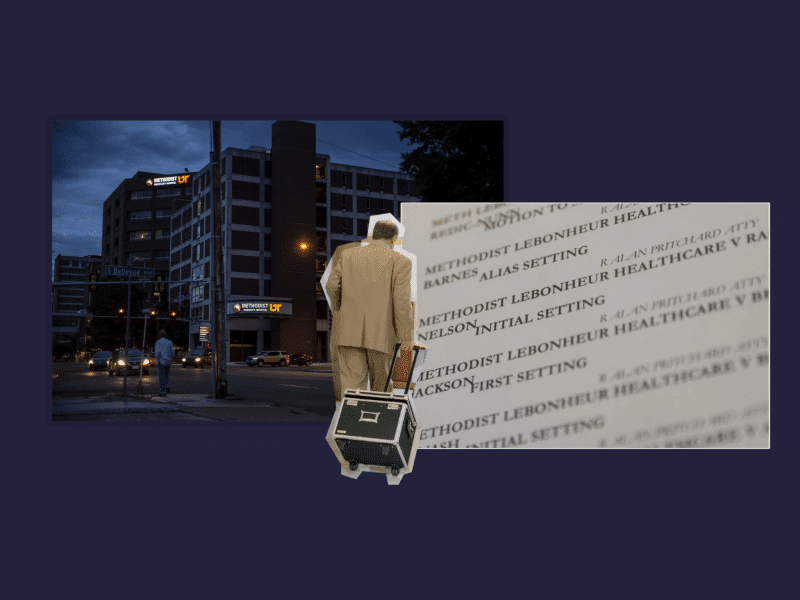 A collage of photos on a navy blue background. From left to right: The Methodist Le Bonheur hospital in Memphis at night. A cut-out of attorney R. Alan Pritchard, a balding white man, facing away from the camera and walking away with a rolling case of files. A photo of the docket of cases focused on Methodist Le Bonheur Healthcare v. an array of plaintiffs alleging the hospital charged them medical debt.