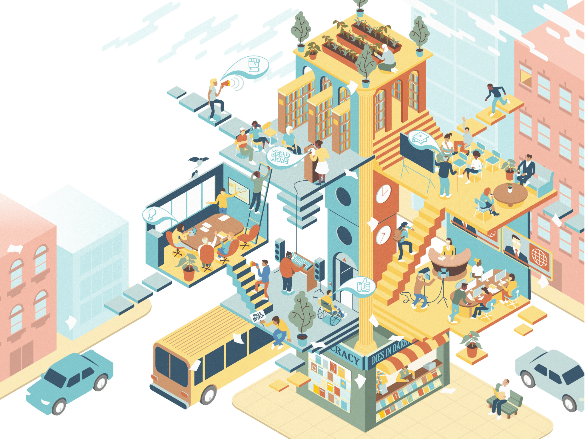 A bustling scene of a city, with people moving up and down various rooms and buildings. One person carries a sign that says free speech; at the bottom of the page is a newsstand that reads "Democracy Dies in Darkness."