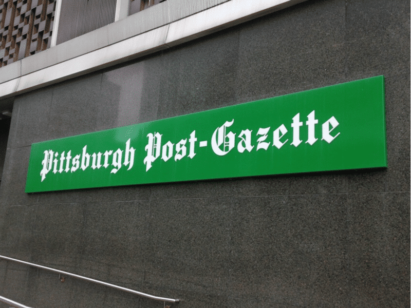 The sign outside the Pittsburgh Post-Gazette office building.