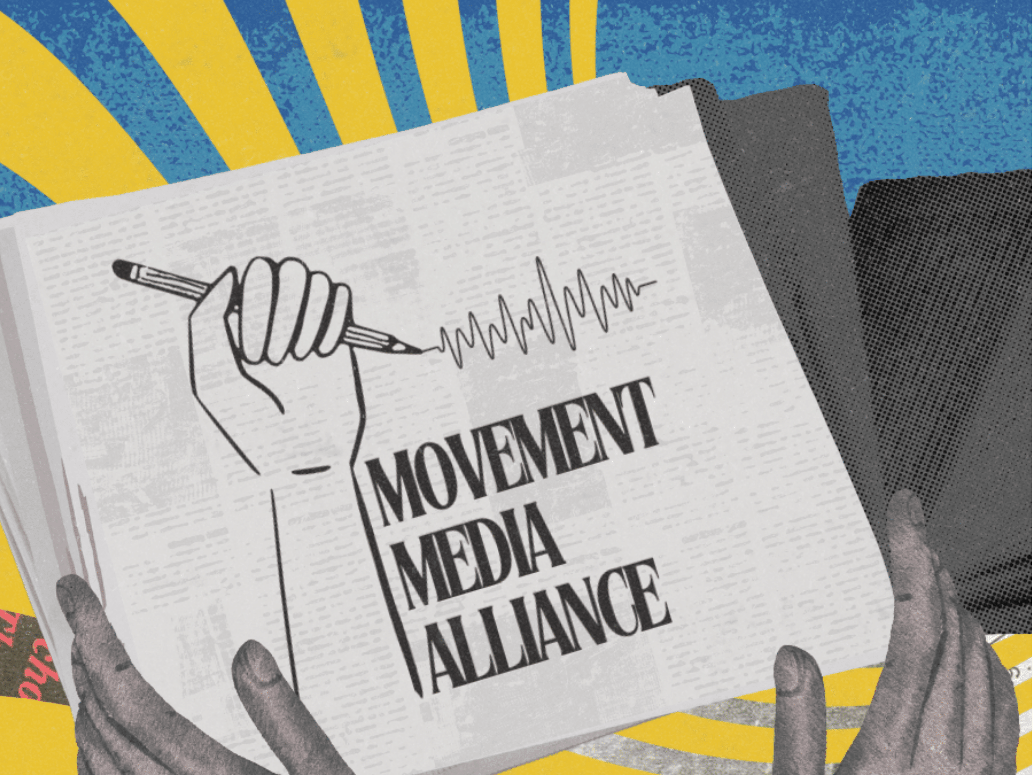 Two Black hands hold a newspaper emblazoned with the Movement Media Alliance logo.
