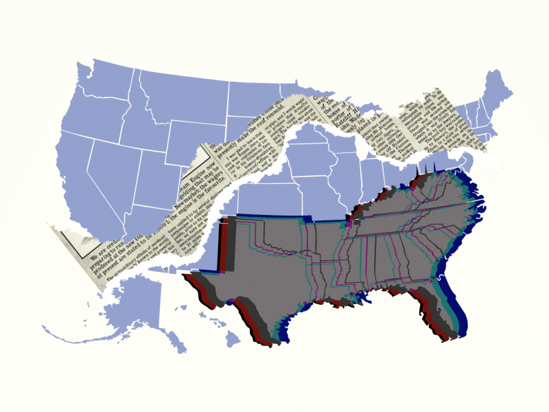 A map of the so-called United States filled in with blue and split around the Mason-Dixon line with a news clipping. The Southern states are rendered with a glitching computer-style effect.
