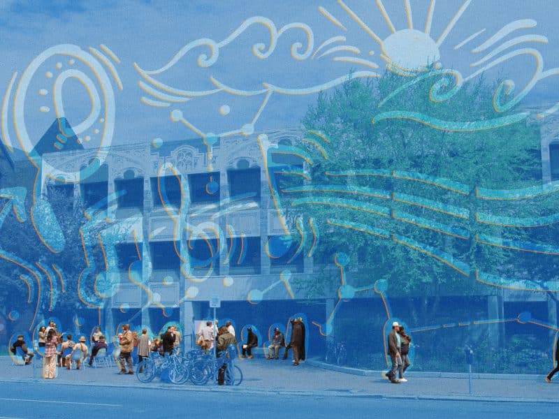 A crowd of people around a library building. A blue filter is placed over every image element but the people; iconography outlined in light blue and orange depicts a sun, clouds, wind, and a lightbulb.