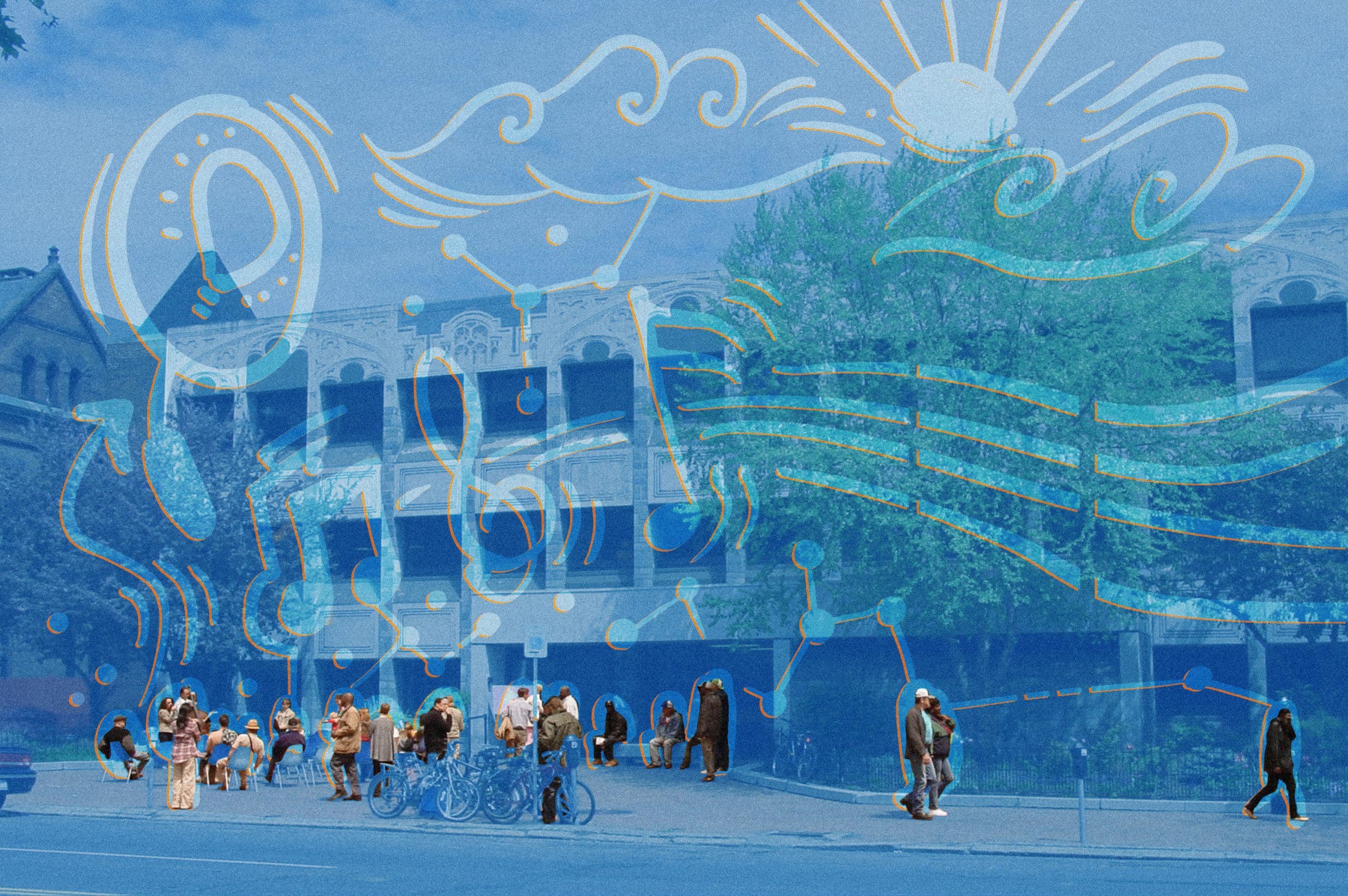 A crowd of people around a library building. A blue filter is placed over every image element but the people; iconography outlined in light blue and orange depicts a sun, clouds, wind, and a lightbulb.