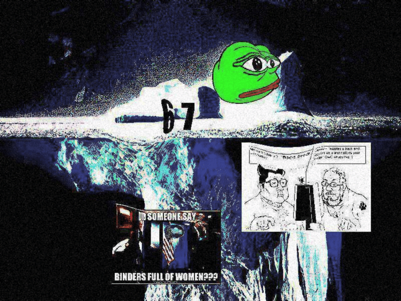 An iceberg photo "deep-fried" per deep-fried memes, with a distorted Pepe the Frog at the top of the iceberg, 6-7 in Impact font at the surface where the iceberg meets the water, followed by a blurry "Notices Bulge / OwO What's this?" meme, and deepest on the iceberg is a distorted meme of Mitt Romney in a 2016 presidential debate, with the all-caps text reading "Did someone say Binders Full of Women???"