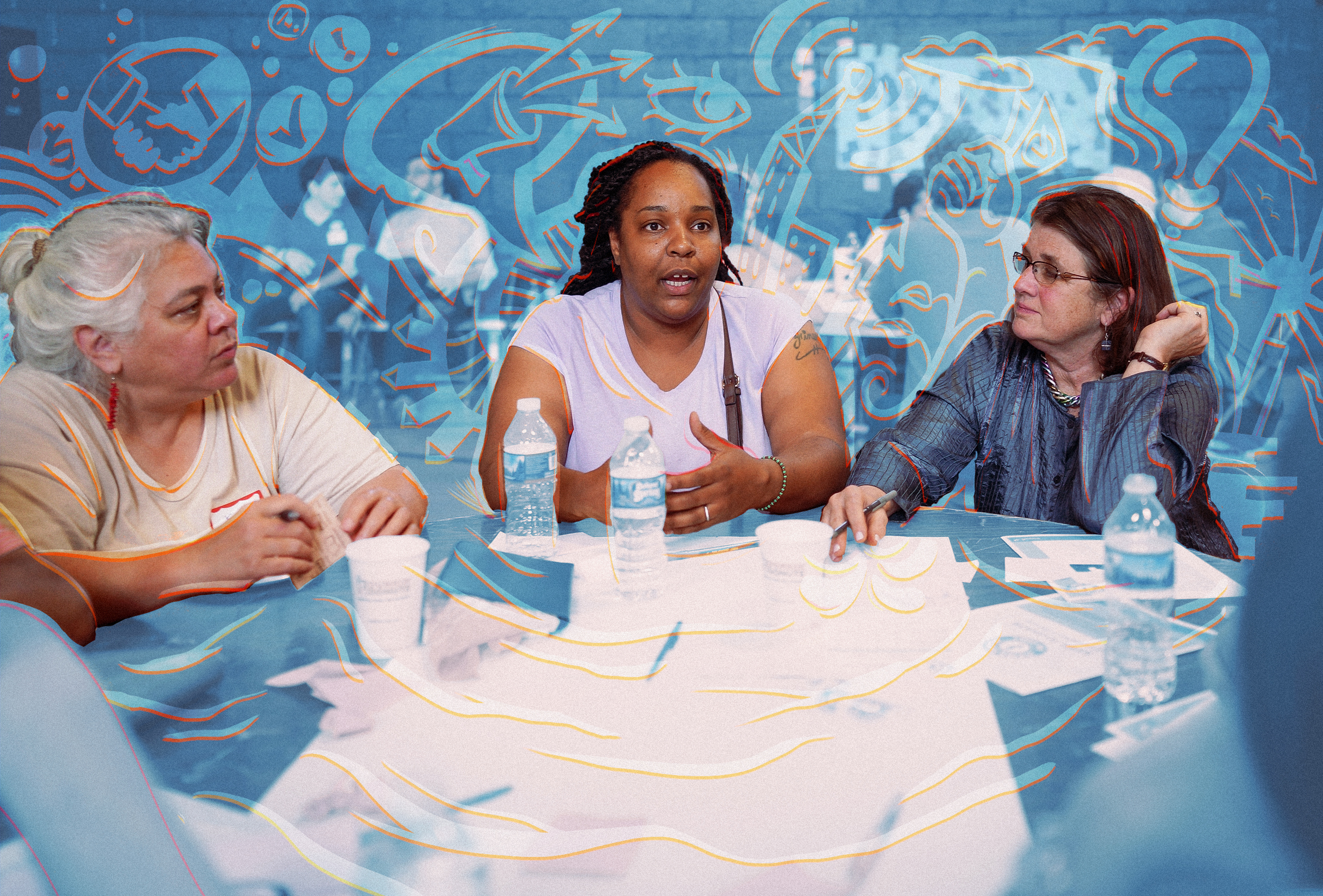 Three women of different races sit at a table discussing. There is a light blue overlay with orange-outlined transparent icons like lightbulbs, a speech bubble with a microphone, a handshake and more.