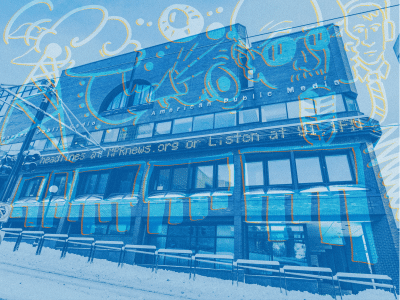 A photo of the Minnesota Public Radio building overlaid with light blue and iconography outlined in orange, including a radio tower, two radio hosts in front of a microphone, and a loudspeaker.