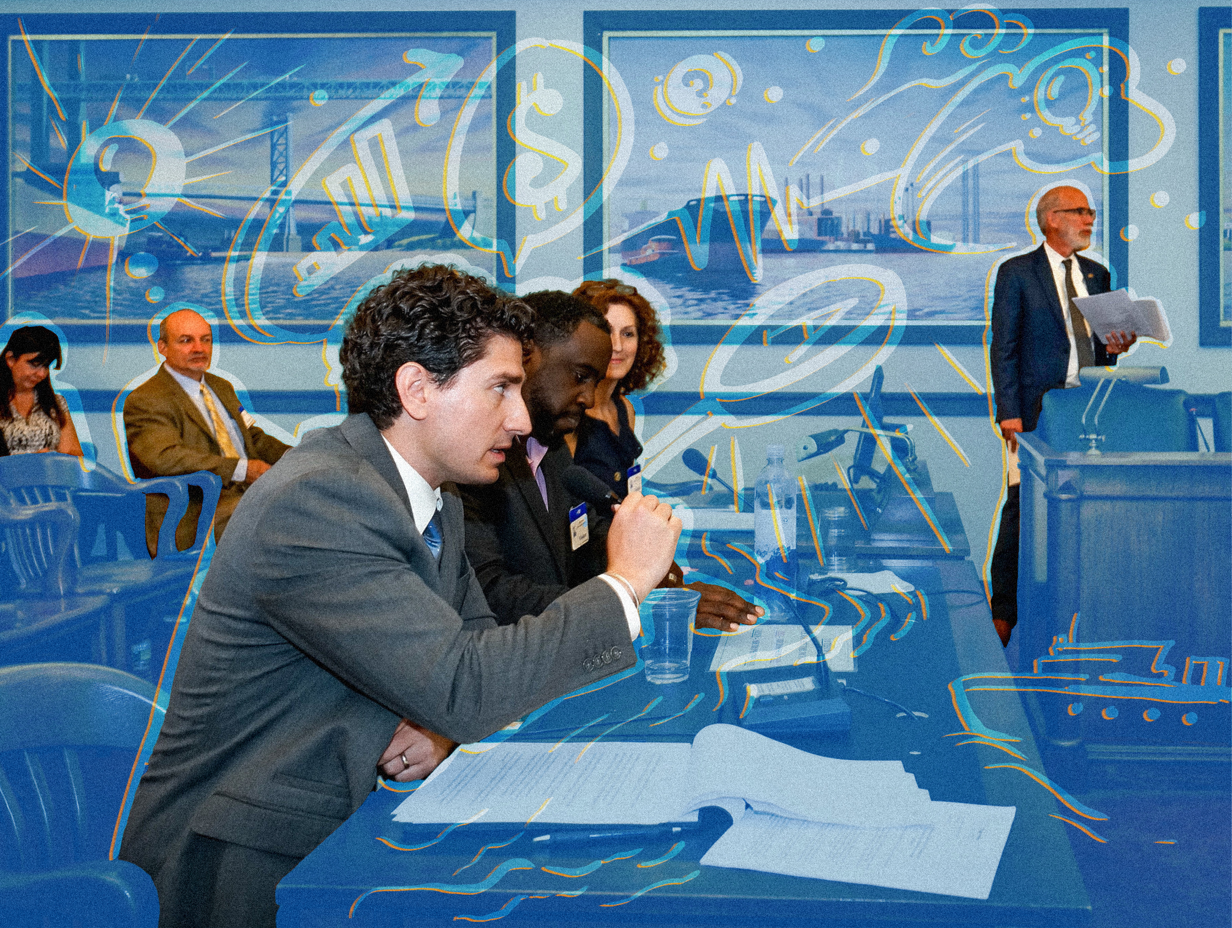 A brunette white man in a suit, Mike Rispoli, faces toward a microphone to testify. The statehouse is also filled with several other people listening. A light blue overlay surrounds the background and icons outlined in light orange are among the people, including a speech bubble with a dollar sign coming out of Rispoli's mouth, a lightbulb, and an arrow above a rising graph.