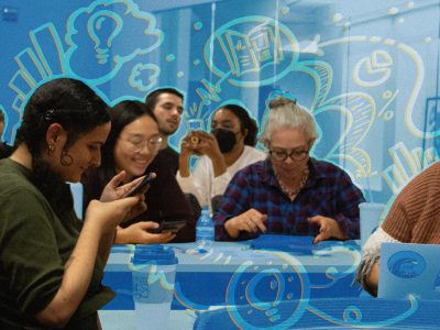 An array of people of different races and age groups sit around tables checking their phones and chatting. The background is adorned in a light blue overlay with icons outlined in light orange, which include thought bubbles with lightbulbs and speech bubbles with a magazine.