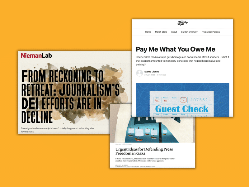 Screenshots of three articles on an orange background. From left to right: Nieman Lab's From Reckoning to Retreat: Journalism's DEI Efforts Are In Decline. Columbia Journalism Review's Urgent Ideas for Defending Press Freedom in Gaza. The Flytrap Media's Pay Me What You Owe Me.