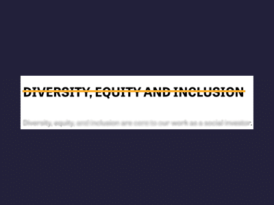 A screenshot of the Knight Foundation's 'About' page as of September 17, with the Diversity, Equity, and Inclusion section title crossed out with an orange line and the sentence "Diversity, equity, and inclusion are core to our work as a social investor" blurred.
