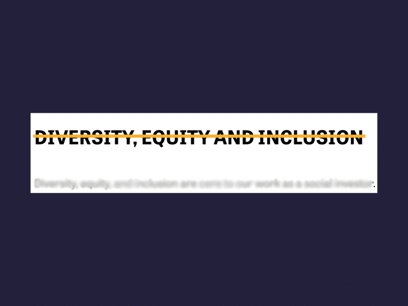 A screenshot of the Knight Foundation's 'About' page as of September 17, with the Diversity, Equity, and Inclusion section title crossed out with an orange line and the sentence "Diversity, equity, and inclusion are core to our work as a social investor" blurred.