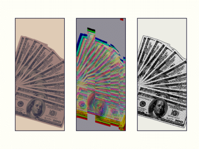 A triptych of a spread of hundred-dollar bills; the leftmost image is sepia-toned, the middle image is edited to look like a neon blur, and the third is edited with a tv-screen effect.