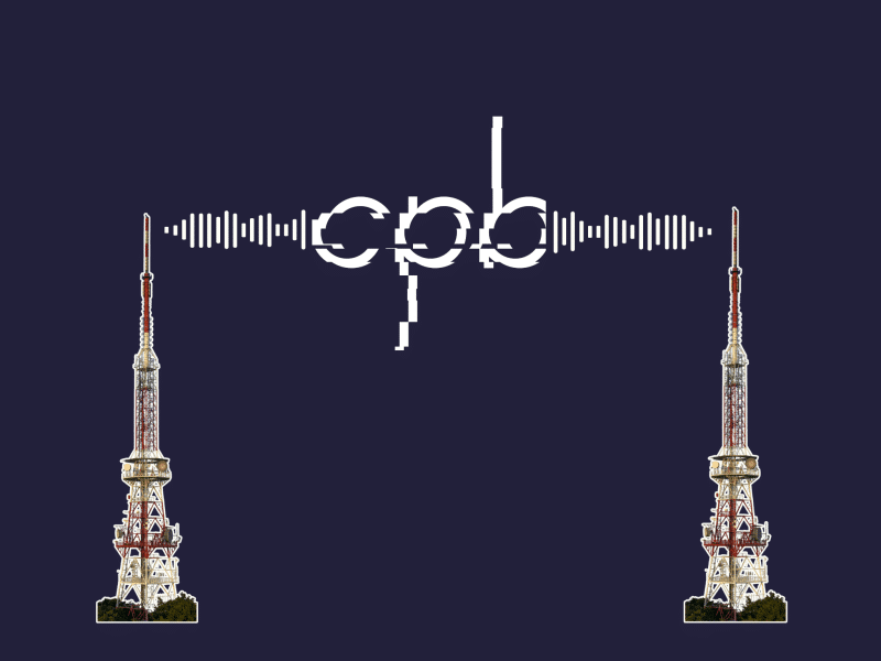 Two radio towers broadcast a sound wave between each other; in between the wave is the Corporation for Public Broadcasting logo, shifted and chopped.
