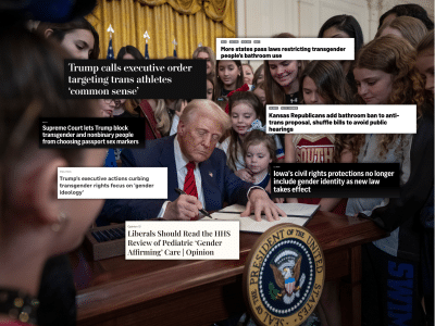 A photo of Trump signing an executive order to keep trans women out of women's sports, surrounded by seven news headlines (and one opinion headline) chronicling anti-trans federal and local actions over the past year of Trump's second term in office. Clockwise, starting with the leftmost, they read: Trump calls executive order targeting trans athletes 'common sense'; More states pass laws restricting transgender people's bathroom use; Kansas Republicans add bathroom ban to anti-trans proposal, shuffle bills to avoid public hearings; Iowa's civil rights protections no longer include gender identity as new law takes effect; Liberals should read the HHS review of pediatric 'gender affirming' care | Opinion; Trump's executive actions curbing transgender rights focus on 'gender ideology'; Supreme Court lets Trump block transgender and nonbinary people from choosing passport sex markers.
