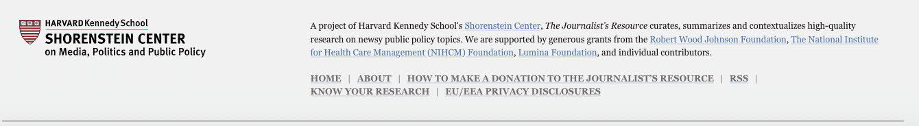 A description of the donors for the Shorenstein Center:
A project of Harvard Kennedy School's Shorenstein Center, The Journalist’s Resource curates, summarizes and contextualizes high-quality research on newsy public policy topics. We are supported by generous grants from the Robert Wood Johnson Foundation, The National Institute for Health Care Management (NIHCM) Foundation, Lumina Foundation, and individual contributors.