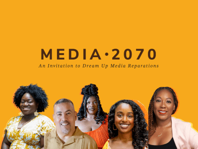 A collage of the Media 2070 members (Anshantia Oso, Joseph Torres, Venneikia Williams, Diamond Hardman, Afton Paige) on The Objective orange-themed background. Anshantia is a Black woman with yellow floral earrings and natural hair above her shoulders. Joseph is a Latine man wearing a tan shirt with graying hair and an beard. Venneikia is a Black fem with a half-up, half-down hairdo with hair set in waves below their shoulders wearing an orange dress. Diamond is a Black woman with just-past-shoulder-length hair wearing a yellow floral shirt. Afton is a Black woman wearing a button-up with her hair in braids swung over her left shoulder. Above the members is the text, “Media 2070, An Invitation to Dream Up Media Reparations.”
