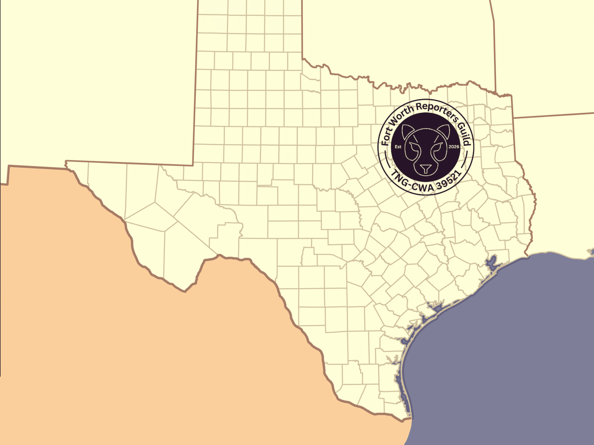 Image of Texas with the Fort Worth Reporters Guild logo superimposed over Tarrant County/Fort Worth.