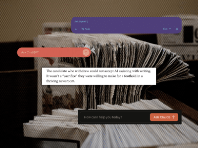 A screen filter is layered over an image of newspapers in boxes. Three screenshots of the question bars for three different generative artificial intelligence models — Gemini 3, ChatGPT, and Claude — surround a screenshot that reads: The candidate who withdrew could not accept AI assisting with writing. It wasn't a "sacrifice" they were willing to make for a foothold in a thriving newsroom.