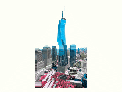 An edited version of the One World Trade Center rendered in the colors of the trans flag and skewed off-kilter.