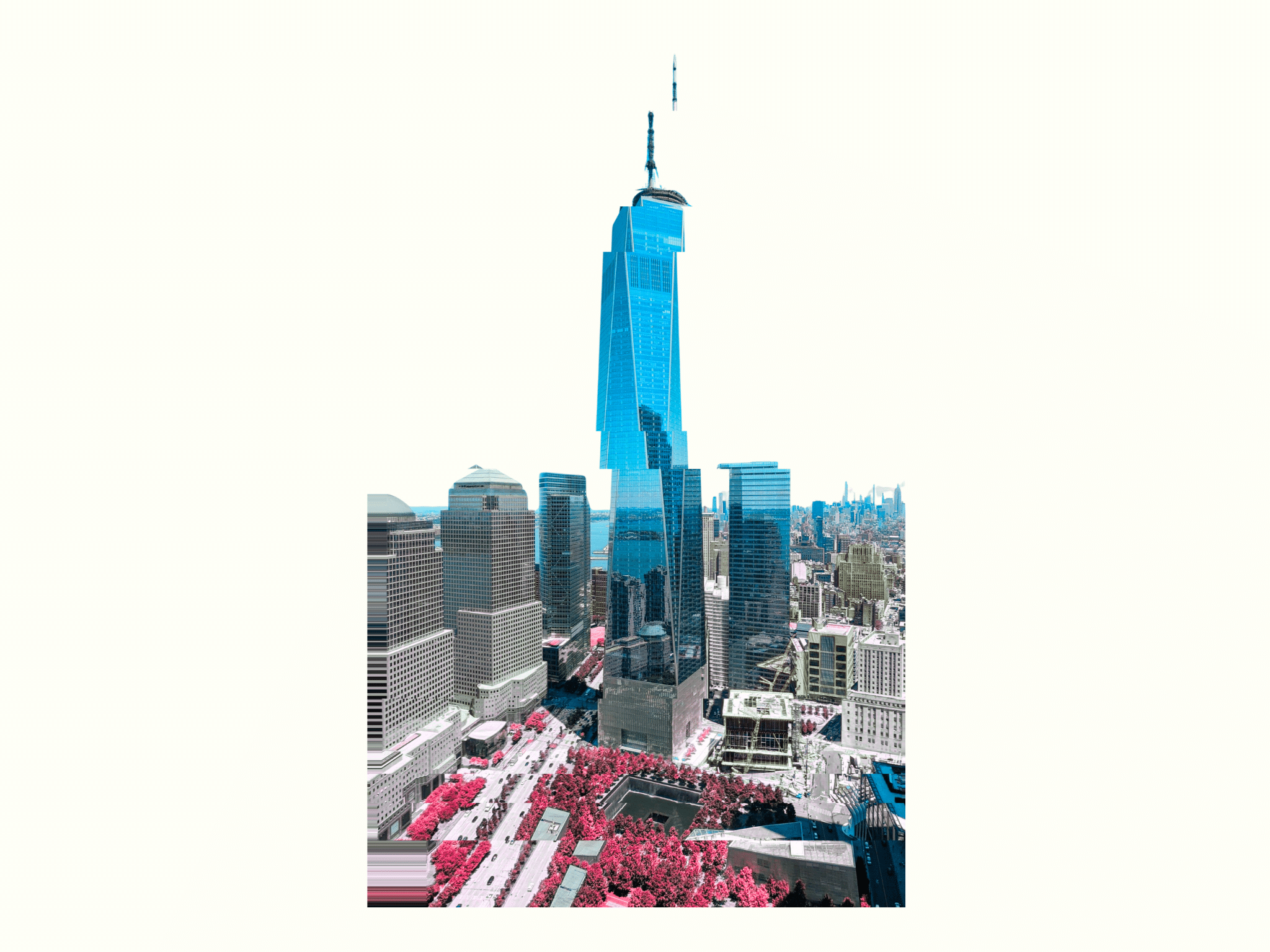 An edited version of the One World Trade Center rendered in the colors of the trans flag and skewed off-kilter.