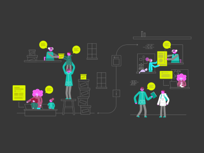 People of varying ages and genders are drawn as icons connected by their information-sharing habits, from a teacher working with students to an elder sharing archives and people working on research presentations.