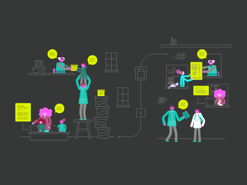 People of varying ages and genders are drawn as icons connected by their information-sharing habits, from a teacher working with students to an elder sharing archives and people working on research presentations.