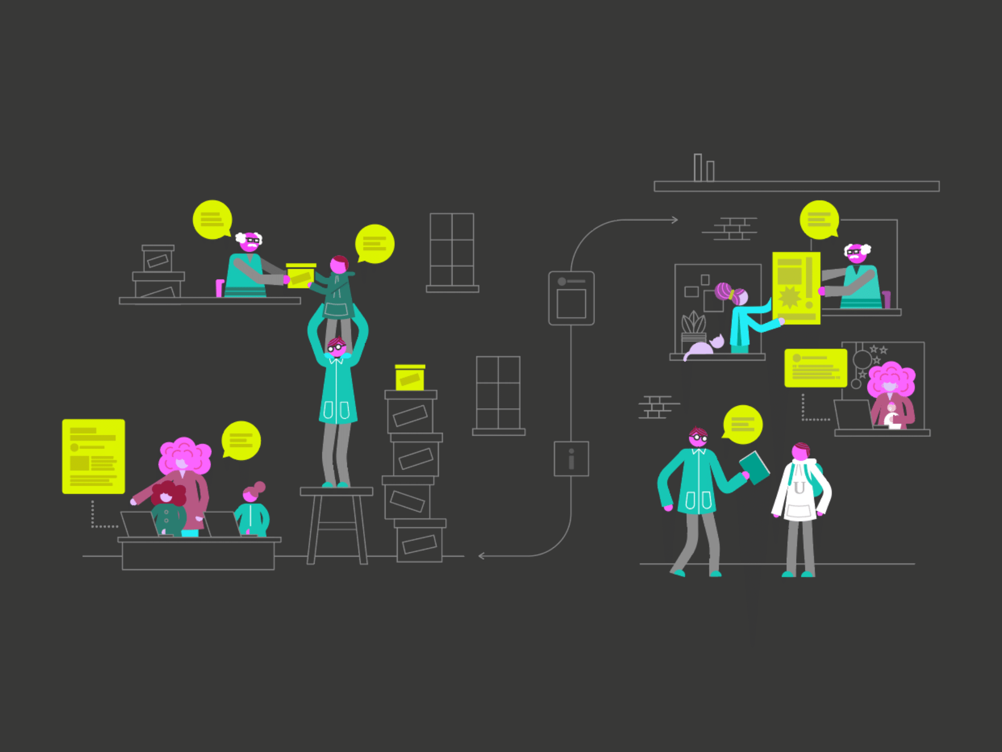 People of varying ages and genders are drawn as icons connected by their information-sharing habits, from a teacher working with students to an elder sharing archives and people working on research presentations.