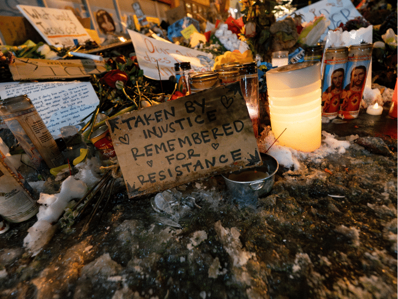 A sign reading "Taken by injustice. Remembered for resistance." seen at the Alex Pretti Memorial on February 3, 2026.