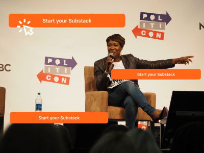 An image of Joy Reid, a Black woman wearing a leather blazer, white T-shirt and jeans with a pixie cut, gesturing toward the audience overlaid with "Start your Substack" icons. The icon in the top left has a mouse cursor above it.