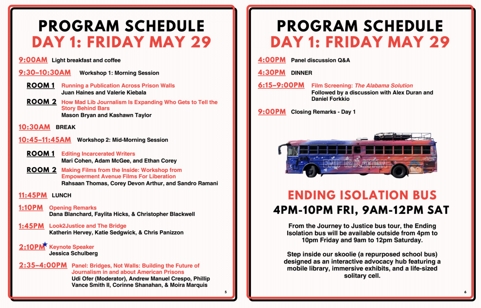 A screenshot of the Day 1 program schedule for the Bridging the Gap conference, listing several workshops about running a publication across prison walls, how mad lib journalism is expanding who gets to tell stories behind bars, editing incarcerated writers, making films from the inside, more about Look2Justice and The Bridge, and building the future of journalism in and about American prisons. 