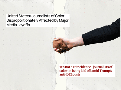 A ripped sheet of paper is overlaid across a Black person shaking a white person's hand, with the Black person's arm obscured to represent being shut out of opportunities. The handshake is surrounded by a headline from a 2024 release from Women in Journalism that says United States: Journalists of Color Disproportionately Affected by Major Media Layoffs and a 2025 headline from The Guardian that says 'It's not a coincidence': journalists of color on being laid off amid Trump's anti-DEI push.