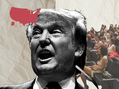 Collage of photos with two halves and a paper filter layered over. A red map of the U.S. is at the top left of the photo and an audience of Asian journalists of varying ethnicities and genders is at the bottom right corner. A blown-up photo of Donald Trump with a half-tone screen effect edited atop is located at the center of the photo.