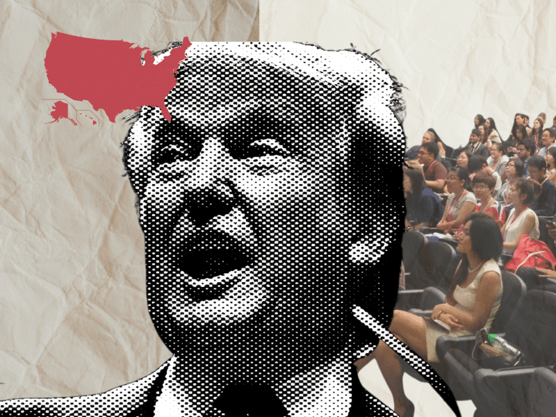 Collage of photos with two halves and a paper filter layered over. A red map of the U.S. is at the top left of the photo and an audience of Asian journalists of varying ethnicities and genders is at the bottom right corner. A blown-up photo of Donald Trump with a half-tone screen effect edited atop is located at the center of the photo.